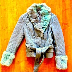 Bebe Gray/ Blue leather and faux fur jacket